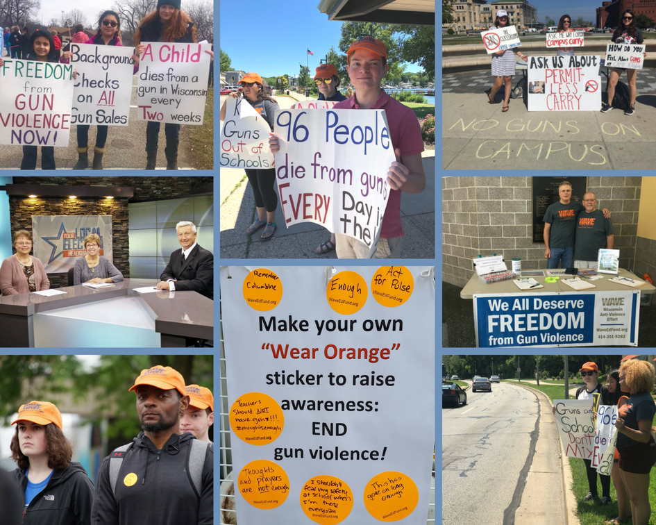 a photo collage shows various educational and gun violence awareness-raising events