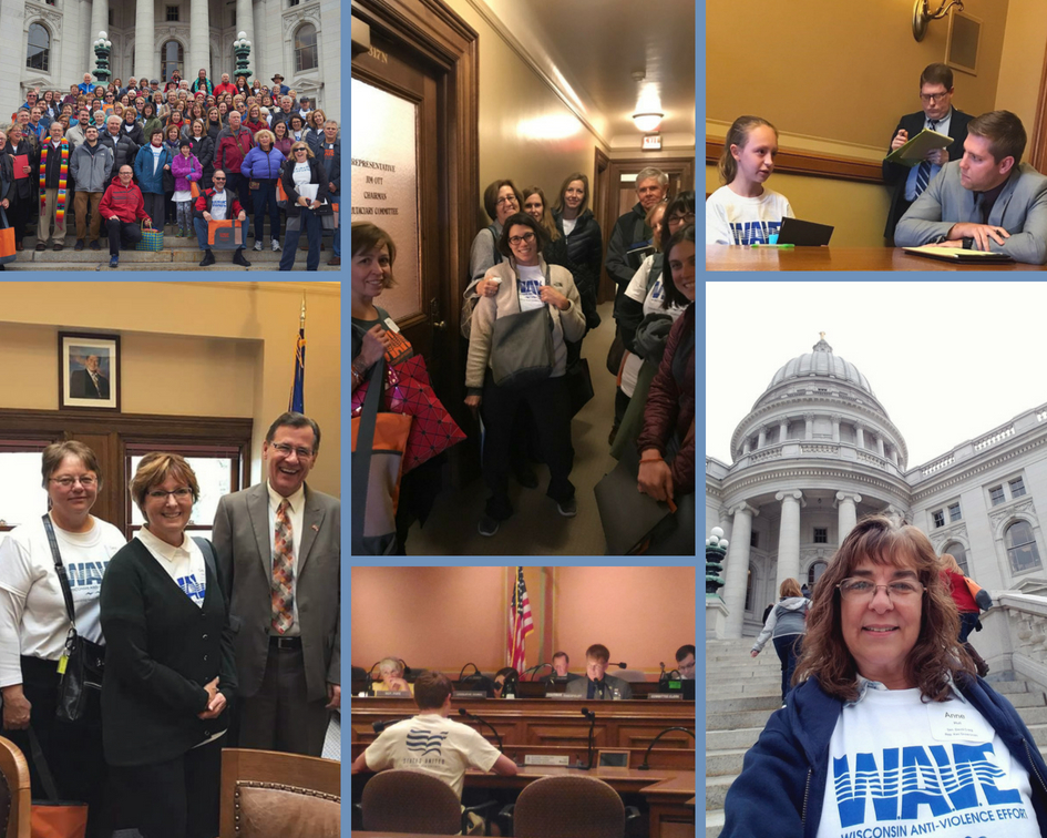 Photo collage shows images of WAVE supporters speaking with elected officials, gathered at the Capitol Bulding, or speaking at a hearing