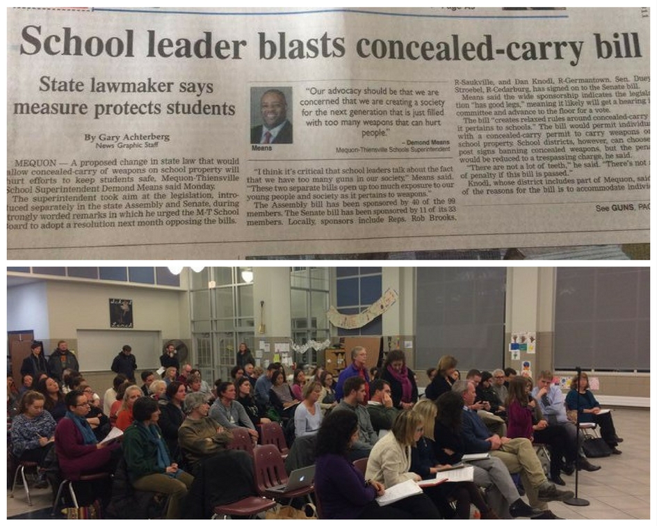 Image is split between two photos. The first is a news clipping with the headline "School leader blasts concealed-carry bill." The photo below is from an event where people expressed their opposition to this bill