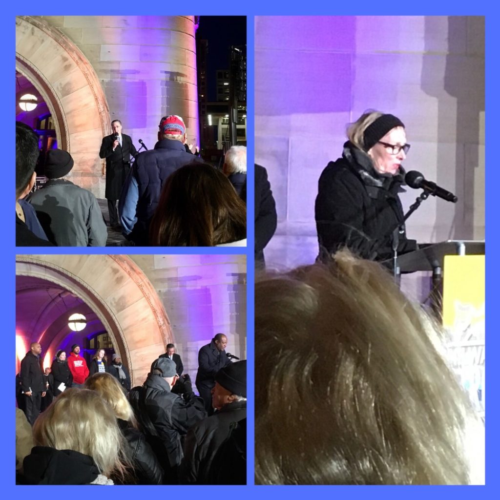 Three photos show activists speaking at a nighttime "Milwaukee Strong" vigil after five people were killed in a shooting at Miller Brewery.