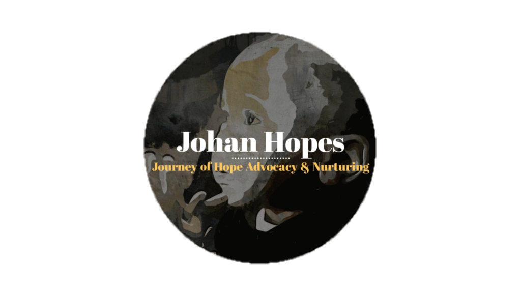 A toddler looks up. Image is a circle and in shades of grey and brown. Tet: Johan Hopes. Journey of Hope Advocacy and Nurturing.