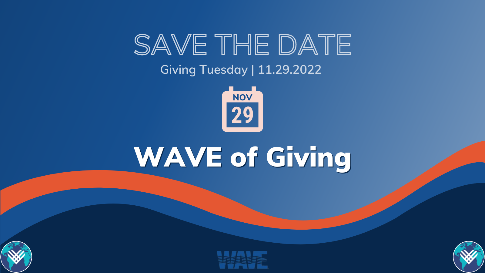 Graphic in blues and oranges asking people to save the date for Giving Tuesday on November 11, 2022.
