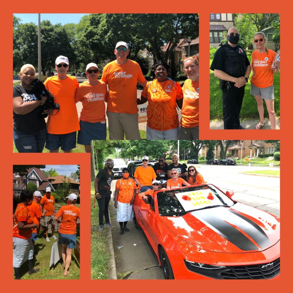 Image shows four pictures of people in orange tshirts posing for the camera at Wear Orange weekend events.
