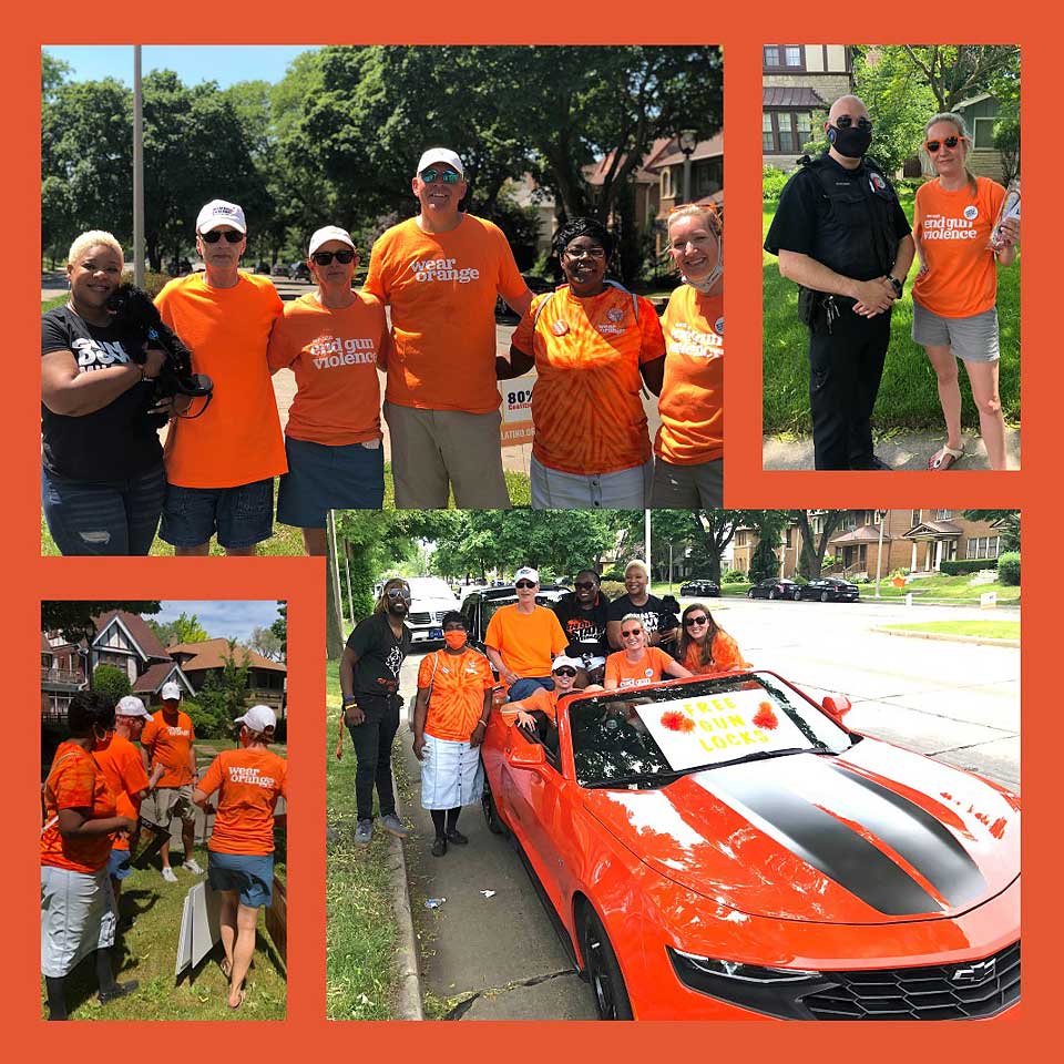Image shows four pictures of people in orange tshirts posing for the camera at Wear Orange weekend events.
