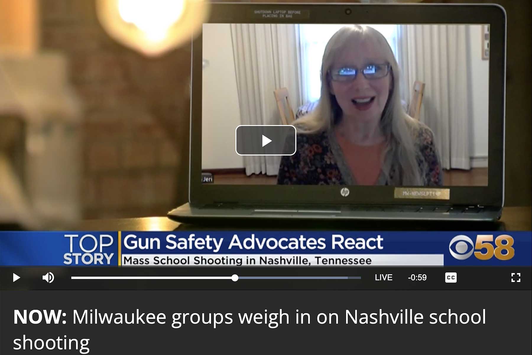 Jeri Bonavia, founder and executive director of the Wisconsin Anti-Violence Effort (WAVE), on the screen of a laptop being interviewed about the mass shooting at a school in Nashville