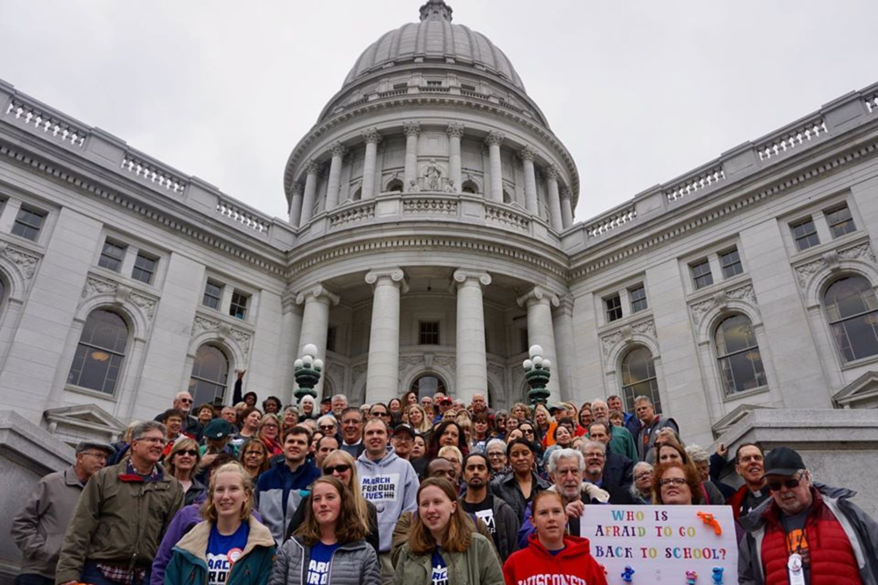 A large group of WAVE supporters is shown standing on the steps of the Capitol Building in Madison during the Day of Action in 2019.
