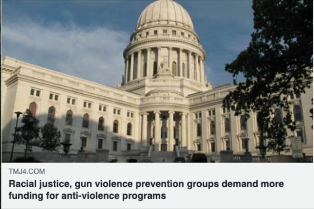 photo of a news story from TMJ4. Headline reads "Racial justice, gun violence prevention groups demand more funding for anti-violence programs