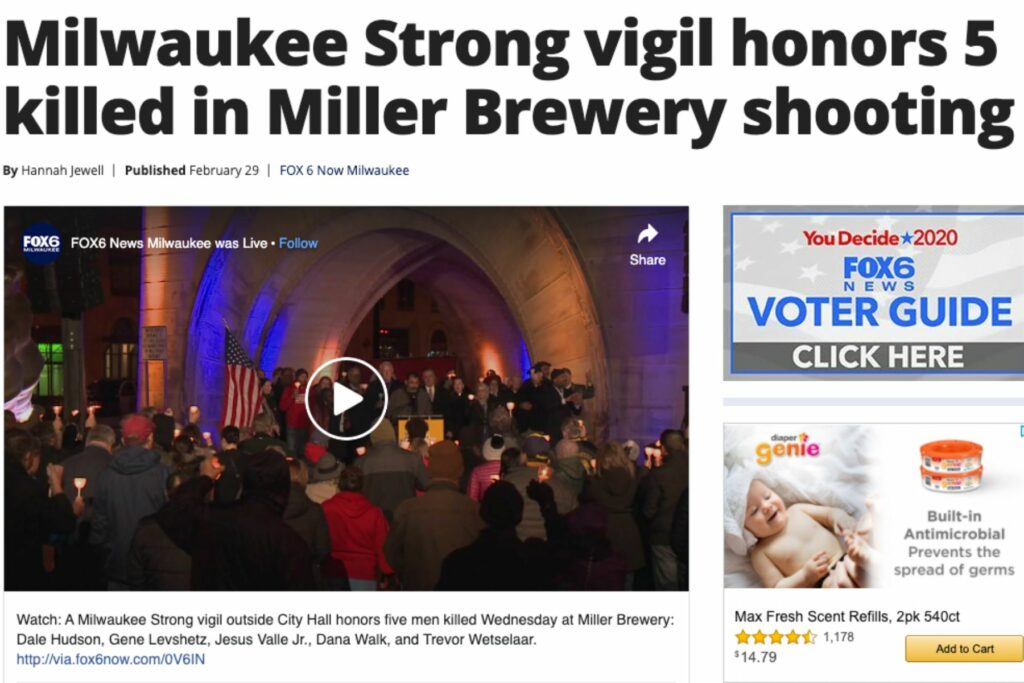 Screenshot of a news story. Headline reads"Milwaukee Strong vigil honors 5 killed in Miller Brewery shooting
